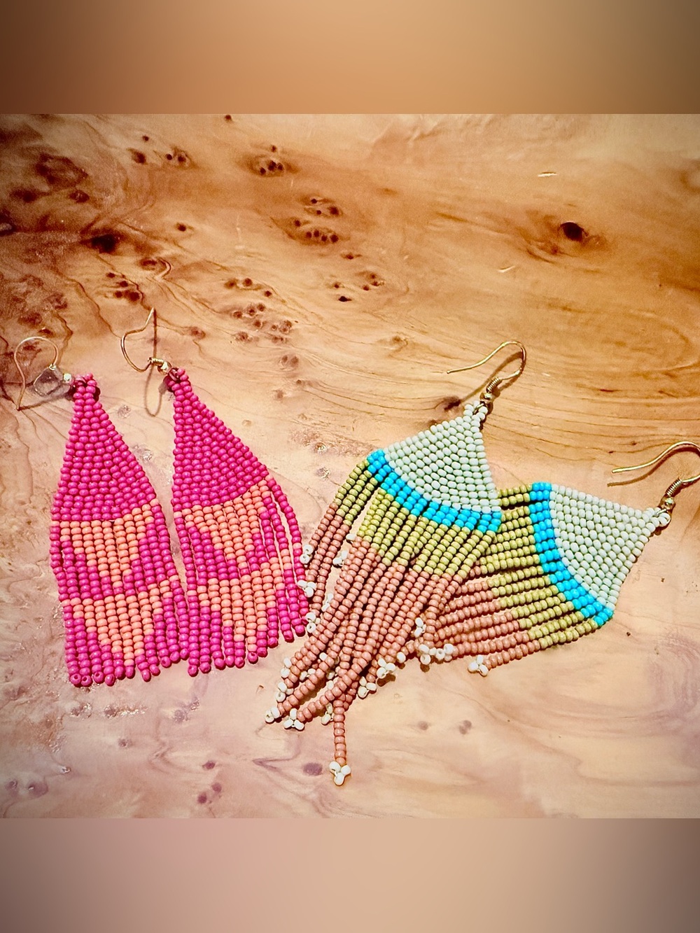 Ink + Alloy Seed Bead Fringe Earrings - Pink Triangle & Turquoise Band Bundle